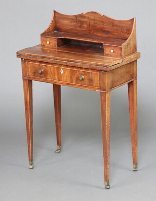 A Georgian mahogany writing table, the raised back with recess, fitted 2 drawers above 1 long drawer, raised on tapered supports 100cm h x 68cm w 36cm d (52 cm deep when open)