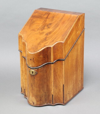 An 18th/19th Century inlaid and crossbanded mahogany knife box of serpentine outline with hinged lid, converted to a decanter box and with 3 cut glass decanters 37cm h x 23cm w x 29cm d  