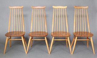 Ercol, a mid-Century set of 4 elm and beech Goldsmith Windsor chairs no.369 96cm h x 42cm w x 41cm d, all with Ercol stickers to the back and impressed BSKF 19602056