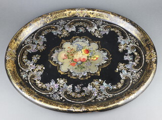 A Victorian oval and floral patterned paper mache tray 61cm x 48cm (unmarked) 