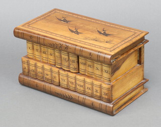 An Edwardian inlaid olive wood trinket box, the lid inlaid birds, the base fitted a drawer 12cm h x 21cm w x 12cm d 