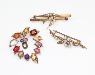 An Edwardian 9ct gold opal and seed pearl bar brooch, a yellow metal pearl bar brooch and a gem set pendant (lacking 1 stone) 11.9 grams gross weight 