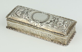 A Victorian rectangular repousse silver trinket box with floral decoration, Birmingham 1876, 11cm, 90 grams 