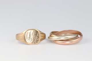 A 3 colour 9ct gold Russian wedding band, size R and a gentleman's signet ring size Q, 9.8 grams 