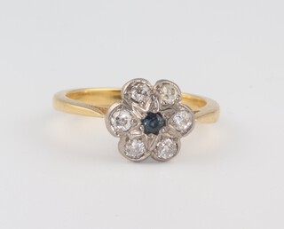 A yellow metal Edwardian diamond and sapphire cluster ring, size M, 3.5 grams 