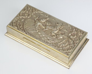 A Thai white metal repousse rectangular cigarette box decorated with figures and flowers with presentation inscription, 21cm 