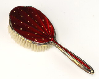 A silver and red guilloche enamel fleur de lis decorated hair brush Birmingham 1967 