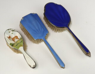 A silver blue guilloche enamel hair brush Birmingham 1981, 2 others 