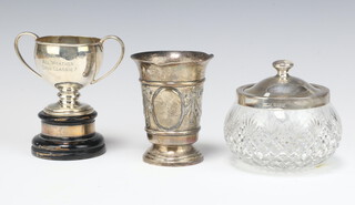 A silver trophy cup Sheffield 1927, 1 other cup and a mounted jar, 223 grams 