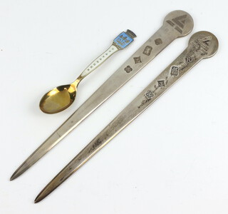 A silver paper knife Birmingham 1991, 1 other and an enamelled spoon 117 grams 