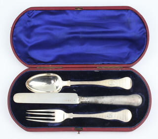 A cased Victorian 3 piece silver christening set with fork, spoon and knife in a fitted case, London 1866, weighable silver 69 grams 