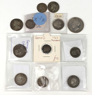 A George II sixpence 1757, George III threepence 1762, George II shilling 1734 and 9 other coins 