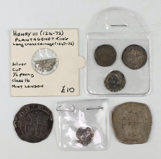 A Charles I shilling, Elizabeth I hammered penny and 5 other hammered coins 