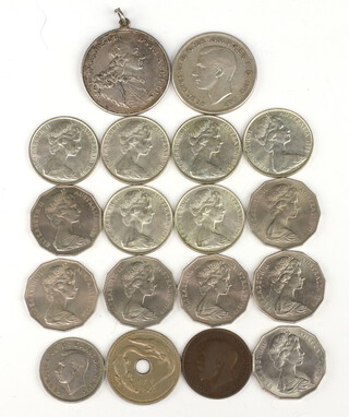 Six Australian 1966 fifty cents, a 1937 crown, a 1760 Bavarian coin and other minor coinage