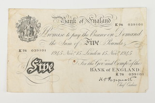 A Bank of England five pound bank note 15th November 1945, Chief Cashier K O (Kenneth) Peppiatt K78039101