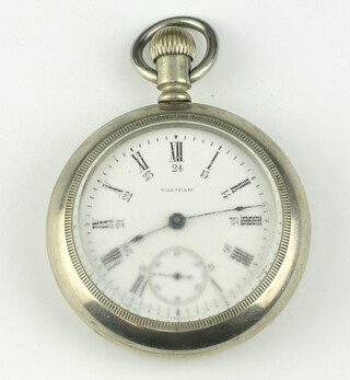 A metal cased mechanical pocket watch  with seconds at 6 o'clock, the dial inscribed Waltham, the case inscribed Canadian National Section Hand 1920's Collingwood Ontario and number 583520, the movement engraved P S Bartlett Waltham, Mass and numbered 13001564, contained in a 60mm case  