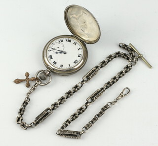 A silver cased mechanical movement pocket watch  with seconds at 6 o'clock  Birmingham 1920, contained in a 50mm case on a plated fancy Albert 