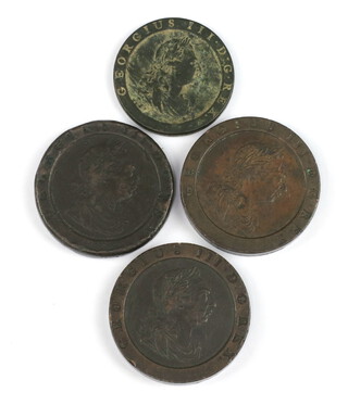 Three George III pennies 1797 and 2 others 