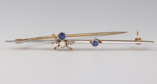 An Edwardian 15ct diamond, sapphire and pearl bug bar brooch, 3.1 grams 
