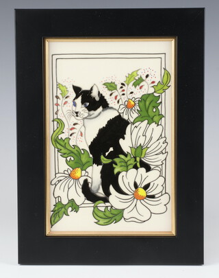 A Moorcroft Daisy the Cat pattern tile, designed by Rachel Bishop, impressed marks, dated 2016, framed 21cm x 13.5cm 