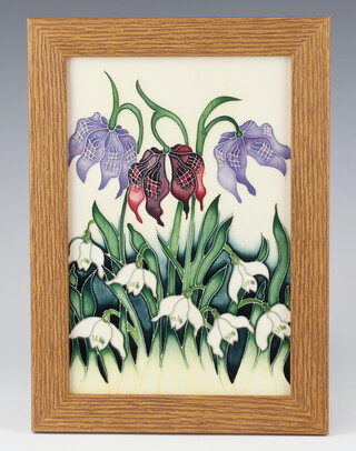 A Moorcroft Alpine Meadow decorated panel, designed by Nicola Slaney, impressed and printed marks, dated 2004, 22cm x 15cm  