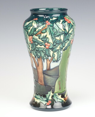 A Moorcroft Holly Hatch pattern vase, designed by Rachel Bishop, impressed marks, monogrammed MK 26cm 