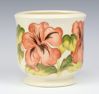 A Walter Moorcroft Hibiscus pattern cream ground jardiniere, impressed marks and monogram 17cm 