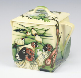 A Moorcroft Swaledale Sheep pattern cream ground square biscuit box and cover, designed by Philip Gibson, dated 2007, marks mark VL, 17cm 