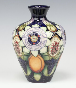 A Moorcroft Passion for Summer blue ground oviform vase, designed by Emma Bossons, impressed marks 18cm 