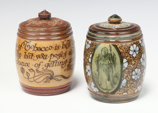 A Doulton Lambeth tobacco jar and cover decorated with a cavorting monk 13cm, ditto with inscribed verse 13cm 