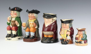 Five Royal Doulton advertising Toby jugs- Toby Ale 23cm,  Happy John 22cm,  Huntsman 19cm, Jolly Toby 16cm and Honest Measure Drink at Leisure 10cm 