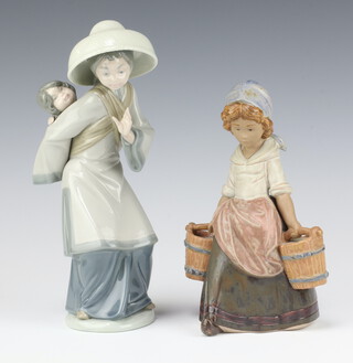 A Lladro figure of a Japanese lady and child 27cm, ditto of a female water carrier (matt) 21cm 