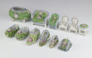 A Victorian floral encrusted cheese dish and cover 5cm, 5 ditto shoes, a bowl, 3 chairs, a settee and an occasional table 