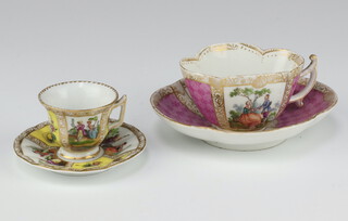 A 19th Century Dresden pink ground cabinet cup and saucer decorated with fete gallant views, a yellow ditto 