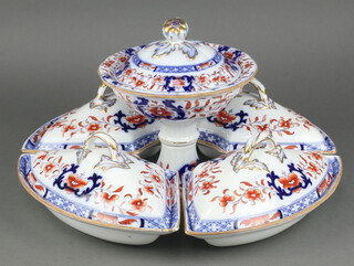 A Victorian New Stone centre piece comprising lidded tazza (chip to lid) and 4 demi-lune hors d'oeuvres dishes (2 chipped) 