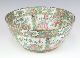 A 19th Century Cantonese bowl with panels of figures on pavilions and terraces with alternating panels of insects and flowers 35.5cm 