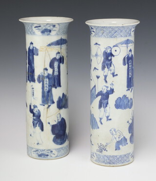 A pair of late 19th Century Chinese blue and white cylindrical vases decorated with figures bearing a 4 character mark to base 25cm 