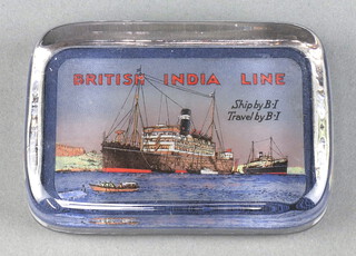 British India Lines, a rectangular glass paperweight marked British India Lines Ships by B.I. Travel 3cm x 10cm x 7cm  