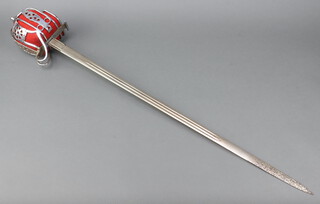 A Scottish basket hilt broad sword, with 83cm un-etched blade, marked a C to the base  