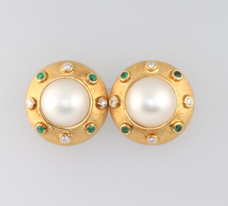 Theo Fennell, a pair of 18ct yellow gold circular diamond, emerald and cultured pearl, Etruscan style earrings, the 8 diamonds each approx. 0.30ct, the 8 emeralds each approx. 0.30ct, the cultured pearls 12mm, London 1989, gross weight 19.6 grams