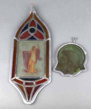 An 18th/19th Century section of stained glass depicting a saint 11cm x 9cm and 1 other of a figure of justice 13cm x 9cm 