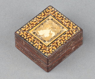 A Tunbridge Ware stamp box 2cm x 3cm x 4cm (stamp to top damaged) 