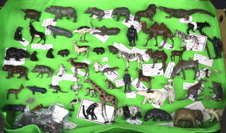 A good collection of Britains and other zoo animals including giant tortoise, walrus, polar bear, lion, lioness, zebra, giraffe, stork, pelican, tiger, brown bear and cubs, hippopotamus, Malay tapir etc