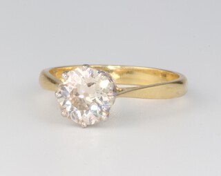 An 18ct yellow gold single stone brilliant cut diamond ring, approx. 1.5ct, size O, colour F/G, clarity I2. 3.3 grams 
