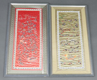 A pair of 20th Century Chinese silk work embroideries of a dragon boat race 62cm x 30cm 