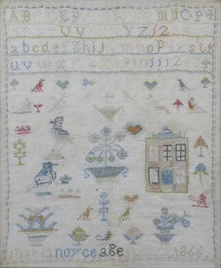 A Victorian sampler with alphabets, numbers, birds, trees, animals, flowers and a house, dated Dec 1866 by Marla Noyce age 11, 40cm x 33.5cm