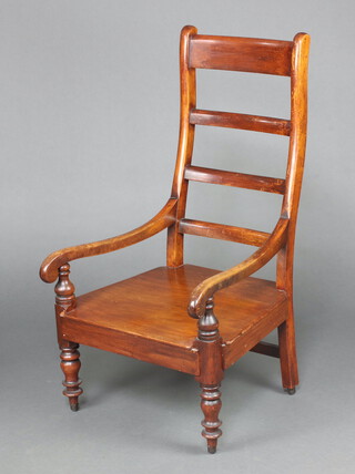 A 19th Century beech framed ladder back open arm chair, raised on turned supports 94cm h x 59 cm w x 50cm d (seat 30cm x 36cm) 