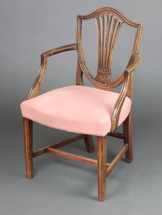 A 19th Century Hepplewhite style open arm chair with over stuffed seat, raised on square tapered supports with apron frame stretcher 98cm h x 55cm w x 48cm d (seat 34cm x 34cm) 