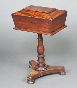 A Victorian rectangular mahogany teapoy raised on a turned column and triform base on bun feet 60cm h x 40cm w x 29cm d  