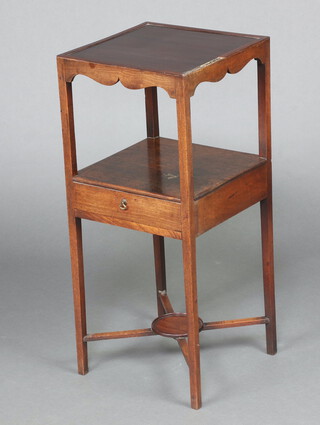 A square Georgian mahogany 2 tier night table fitted a drawer, on square tapered supports with X framed stretcher 81cm h x 35cm 